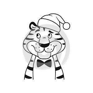 Black and white line happy tiger in Santa hat.