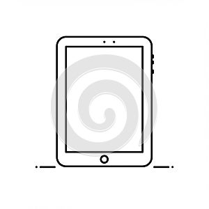 Black and white line illustration of a tablet. It features a rectangular shape with rounded