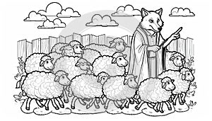 black and white line illustration of a wolf among a group of sheep, comic book style.