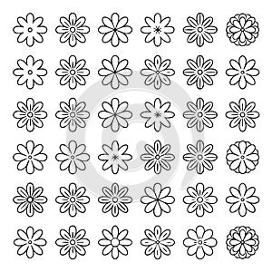 Black and white line of various flower patterns arranged in a grid