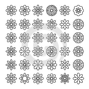 Black and white line of various flower patterns arranged in a grid 1