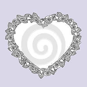 Black and white linear drawing of heart frame with roses
