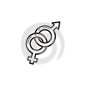 Black and white linear icon of interwoven symbols of different sexes