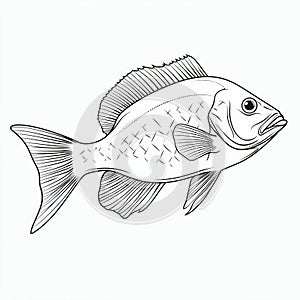 Black And White Linear Illustration Of A Fish With Flat Shading