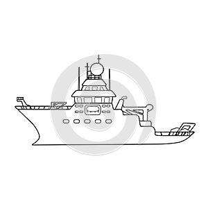 Black-white linear outline research vessel illustration for coloring book, vector hand drawn isolated drawing, deep sea