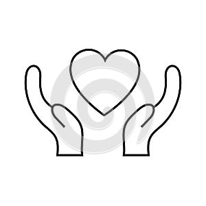 Black and white linear simple icon of a beautiful heart in hands for the holiday of love on Valentine`s Day or March 8. Vector