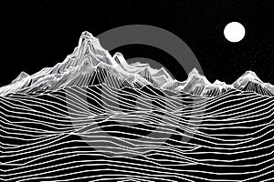 Black and white lines mountains moon stars galaxy landscape vector background. Modern monochrome line art japanese chinese style
