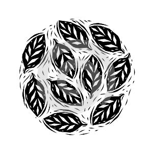 Black and white linocut leaves circle, vector