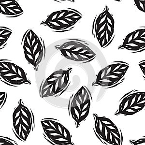 Black and white linocut leaves seamless pattern, vector