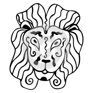 Black and white lion head in ethnic style. Isolated portrait of a king of beasts. Coloring book, logo, tattoo, print. Hand drawing