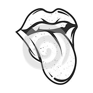 Black and white lip contour with protruding tongue. Protest symbol icon, disagreement.