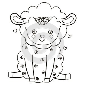 A black and white little pretty lamb sits and smiles. Scandinavian style. For printing on children`s coloring book or page, logo.