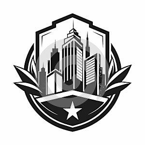 Black and white logo of a city, featuring modern urban elements in a sleek design, Design a sleek emblem for a forward-thinking