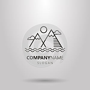 Logo of simple line art landscape mountains and water waves