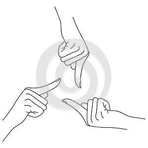 Black and white logo on white background, three hands pointing at each other. Hand with index finger. Sketch hand, the
