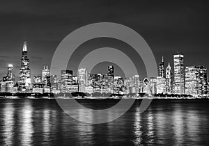 Black and White Chicago Skyline at Night