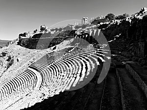 A black and white look at the ancient amphitheater in Pergamon is a marvel of antiquity