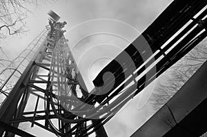 Black and white electrical line tower