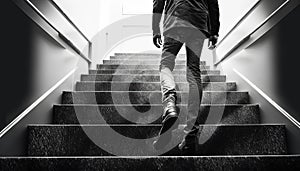 Black white low angle picture one man walking upstairs staircase indoors leg step stair moving forward up body part shoe going