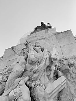 Black and white low angle view of Monument to Giuseppe Mazzini in Rome, Italy