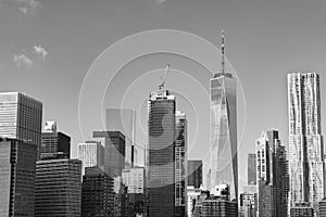 Black and White Lower Manhattan New York City Skyline Scene with Modern Skyscrapers on a Clear Day