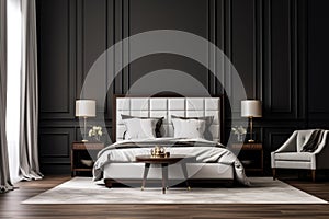 Black and white luxury bedroom interior with double bed on wooden floor and two lamps on bedside tables