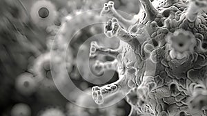 Black and white macro photography reveals microscopic viruses in human, advancing medical research