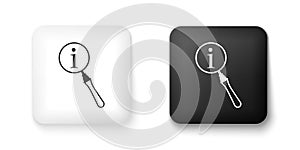 Black and white Magnifying glass and information icon isolated on white background. Search with information sign. Square