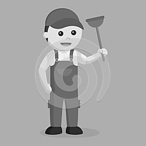 Black and white male plumber holding a toilet plunger