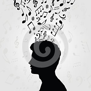Black and white man silhouette with music notes. Music symbols with human head for card, poster, invitation. Music background desi