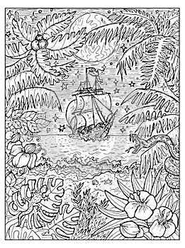 Black and white marine illustration with old sailboat and wild nature of treasure island with palms and seashore