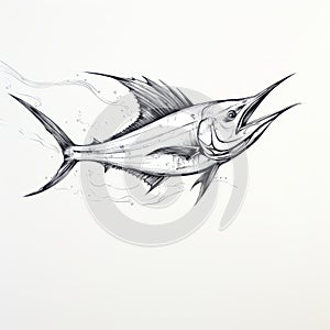 Black And White Marlin Fish Drawing In The Style Of Justin Gaffrey photo