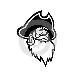 Head of a Buccaneer Swashbuckler Pirate Privateer or Corsair Mascot Black and White