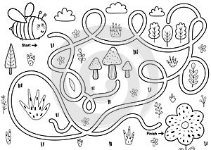 Black and white maze game for kids. Help the cute bee find the way to the flower