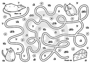 Black and white maze game for kids. Help the cute hungry mouse find the way to cheese