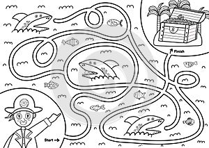 Black and white maze game for kids. Help the pirate find the way to the treasure