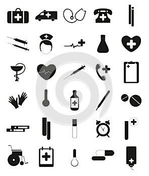 Black and white medical icons for web design.