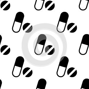 Black and white medical pills seamless pattern. Background made from pills and capsules. flat vector illustration