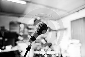 Black and white microphone on a band rehearsal garage