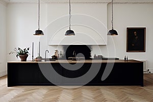 Black and white minimalist kitchen with wood and marble accents and a vintage painting