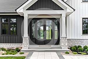 A black and white modern farmhouse front door.