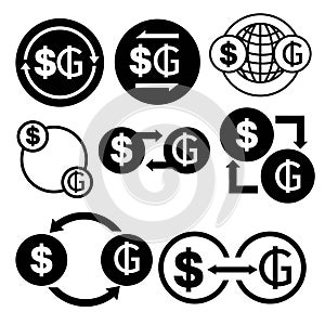 Black and white money convert icon from dollar to guarani vector bundle set