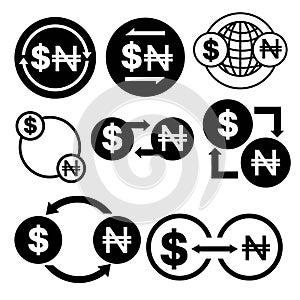 Black and white money convert icon from dollar to naira vector bundle set