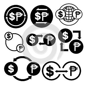 Black and white money convert icon from dollar to peso vector bundle set