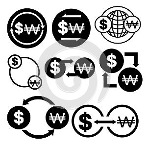 Black and white money convert icon from dollar to won vector bundle set