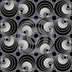 Black and white monochrome background with circle elements, elegant timeless simple geometric seamless patterns