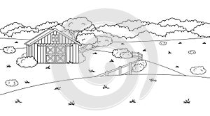 Black white monochrome cartoon doodle vector cute summer or spring farm in countryside. Red barn, fence, fields and trees, bushes