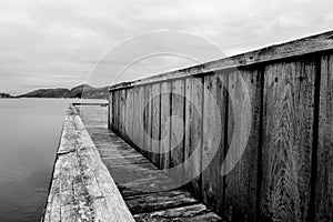 Black And White Monochrome Image Wooden Dock Board Walk Structure At Waters Edge