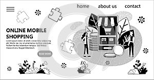 Black and White Monochrome Vector Illustration Online Mobile Shopping Concept