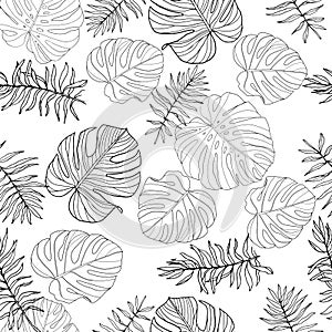 Black and white monstera and palm leaves seamless pattern for textile or wallpapers. Vector tropical leaves background